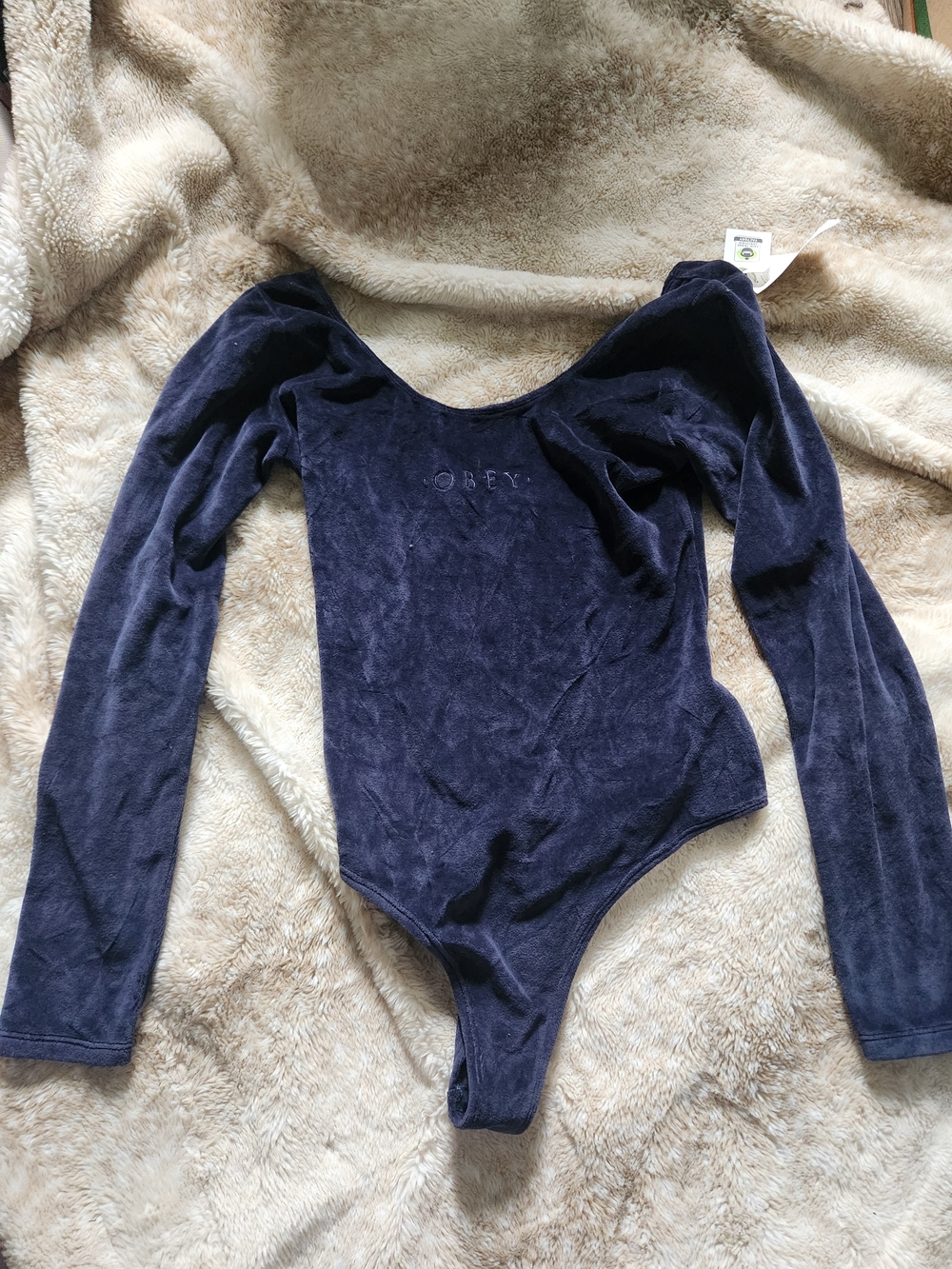 Obey Navy Blue Velvet Long Sleeve Bodysuit